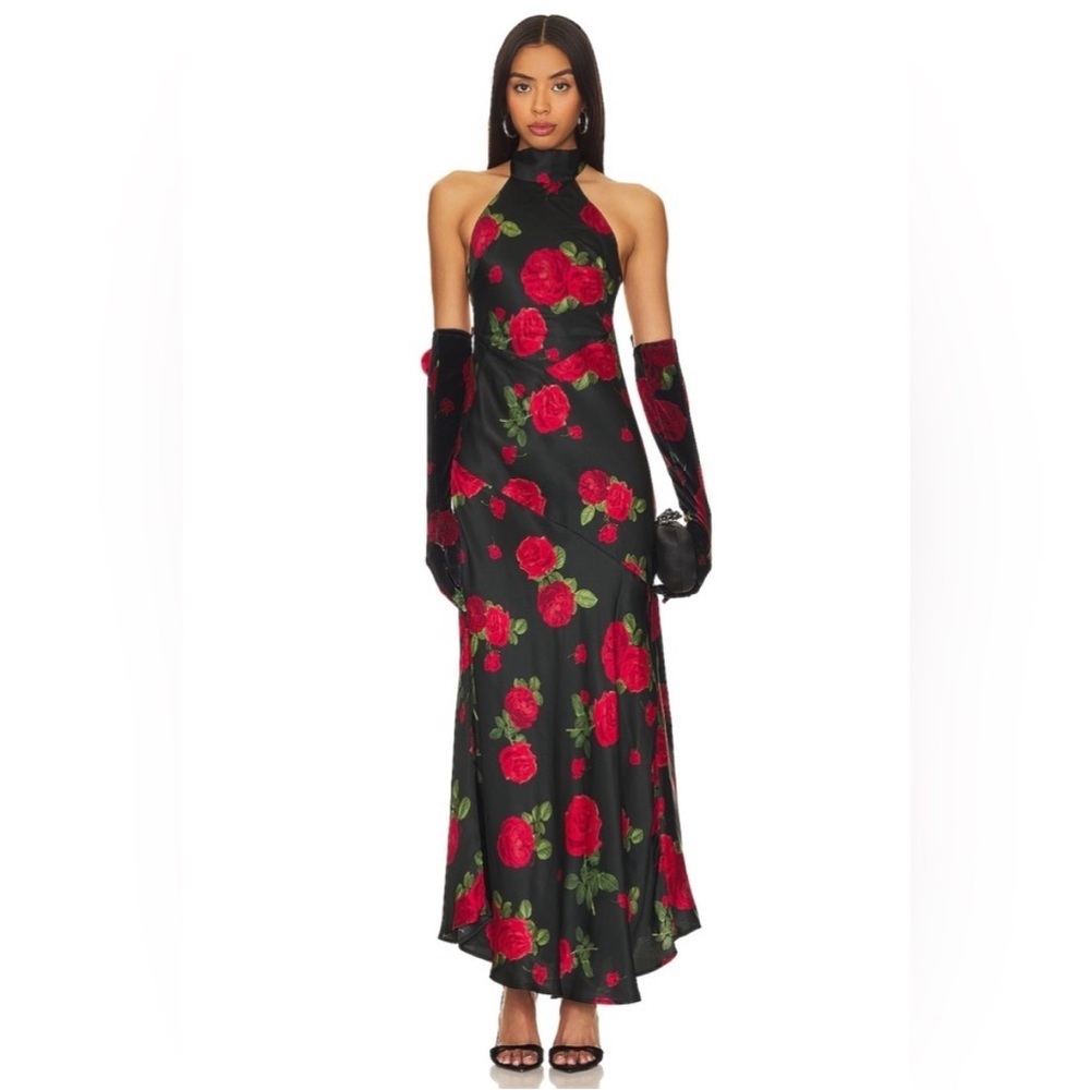 For Love And Lemons Astoria Red and Black Halter Maxi Gown & gloves